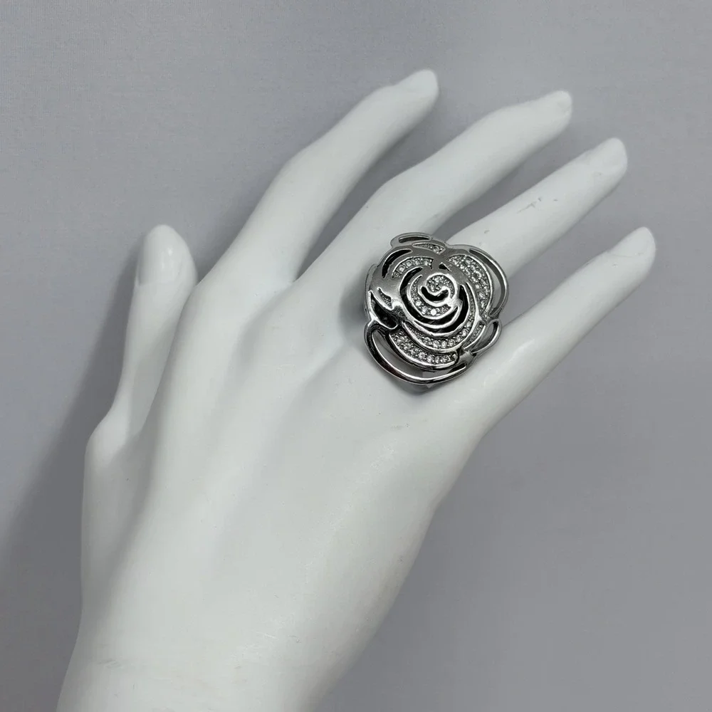 Lauren G Adams Silver Tone Metal Rose CZ Ring LGA Daisy Enamel Size 6 3/4 7